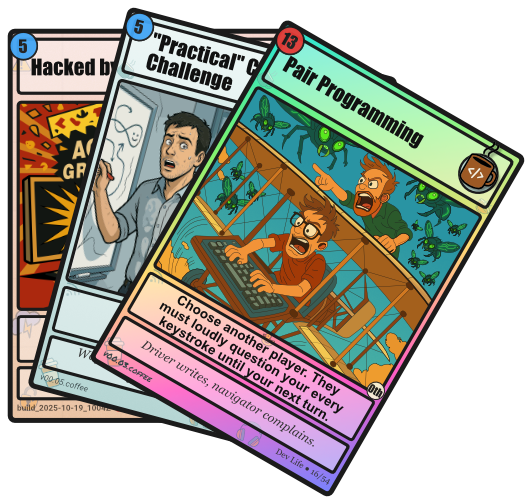 Example parody programming cards: Hacked by F12, LeetCode Hiring, Pair Programming